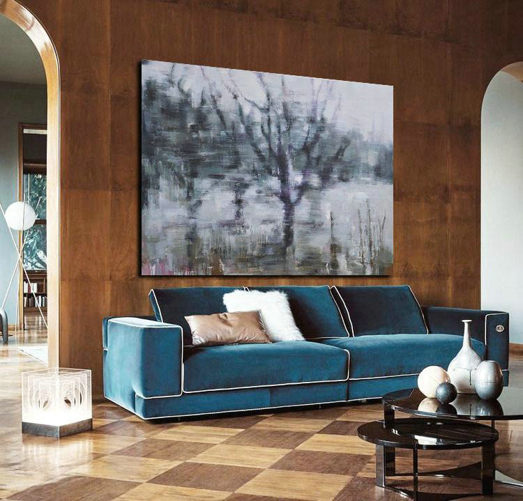 Extra Large Acrylic Painting On Canvas,Horizontal Abstract Landscape Oil Painting On Canvas,Modern Paintings,White,Dark Green,Purple,Black